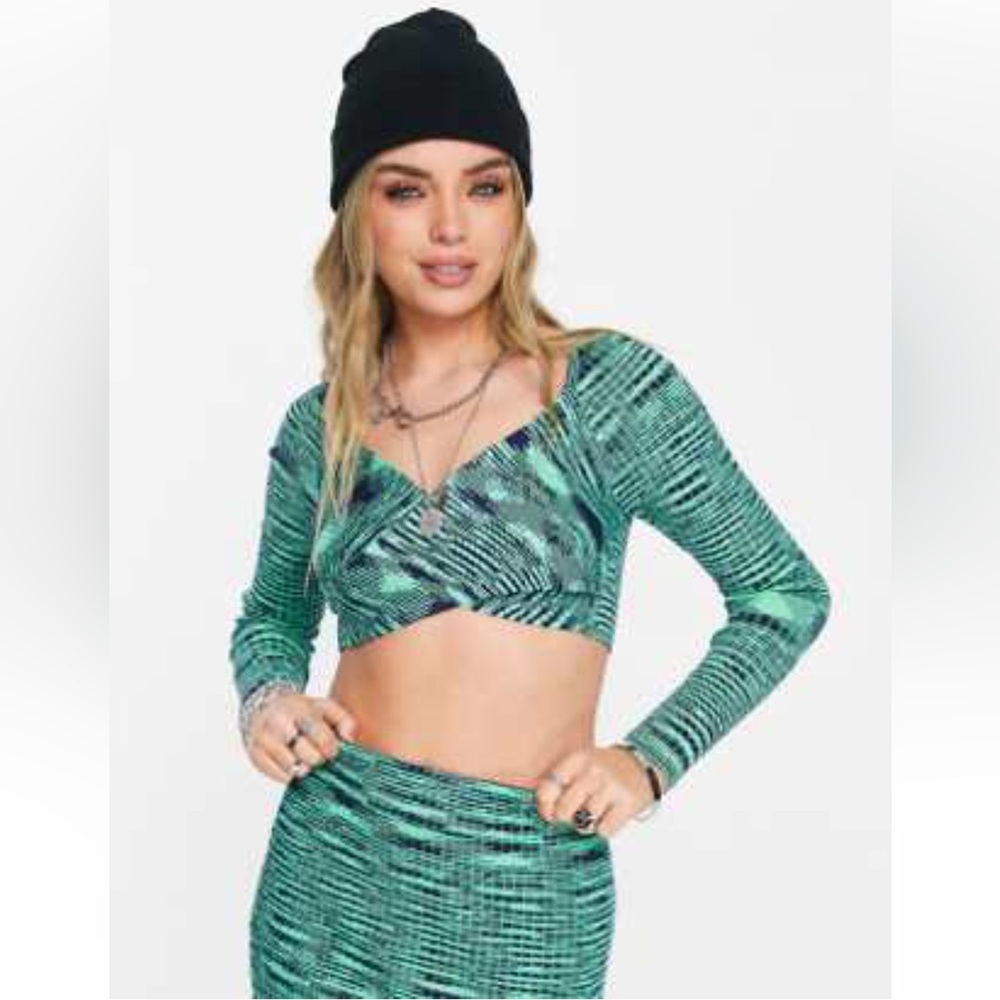 ASOS KNIT CROSS-OVER TOP 12 in GREEN SPACE-DYE PATTERN